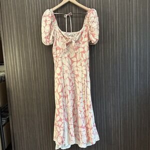Emerson Fry Womens Linen Midi Dress Pink White Leaf Print Tie Front Puff Sleeve